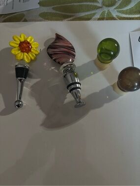 Decorative Glass Wine Bottle Stoppers - Yellow Sunflower & Swirl set of 4